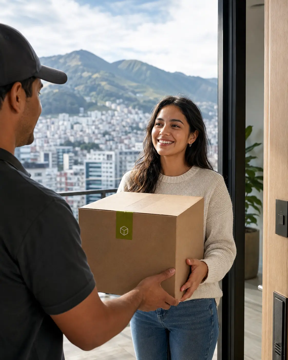 Clienta recibiendo su paquete de Comex Box con Quito al fondo